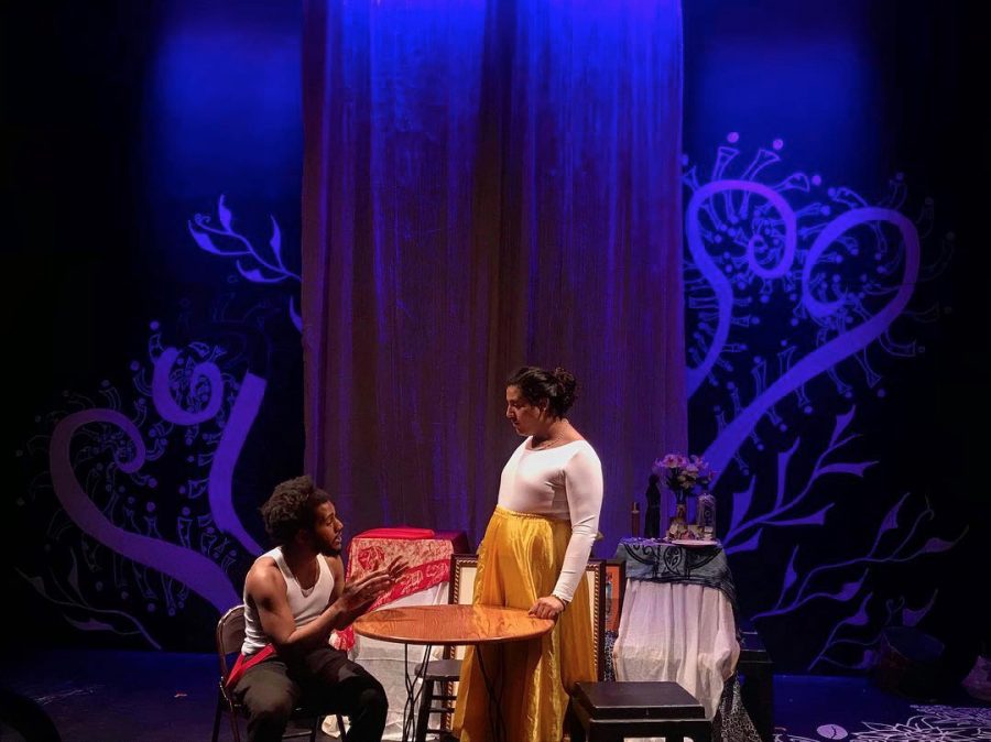 College seniors Elijah Aladin and Nani Borges rehearse Songs from my Mother’s Seashore before opening night Thursday.