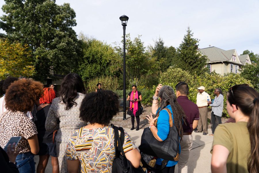 Member of the college and campus met at Oberlin's Bench by the Road for a tribute to author Toni Morrison.