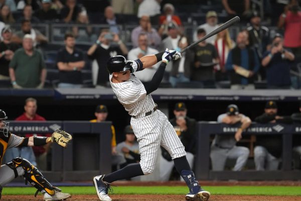 Aaron Judge swings at a pitch against the Pittsburgh Pirates.