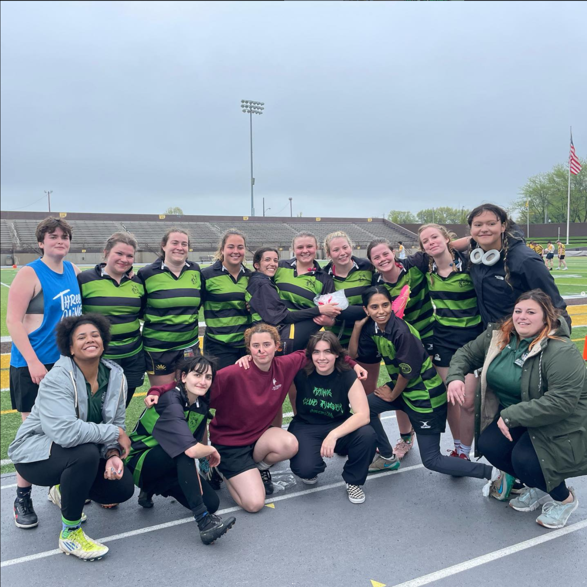 Oberlin College Women’s and Trans Rugby Club competes at tournament vs Baldwin Wallace.