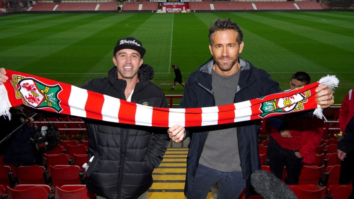 Ryan Reynolds and Rob McElhenney at STōK Racecourse, home of AFC Wrexham.
